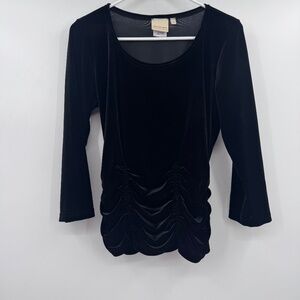 Norm Thompson Top Women Small Black Velour Velvet Long Sleeve Ruched Stretch
